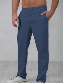 Men's Linen Pants Trousers Summer Pants Beach Pants Drawstring Elastic Waist Straight Leg Plain Comfort Outdoor Casual Daily Streetwear Stylish Navy Blue Green