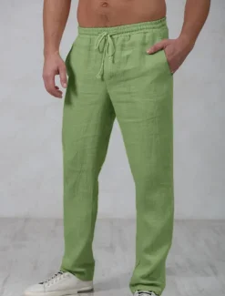 Men's Linen Pants Trousers Summer Pants Beach Pants Drawstring Elastic Waist Straight Leg Plain Comfort Outdoor Casual Daily Streetwear Stylish Navy Blue Green