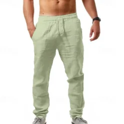 Men's Linen Pants Trousers Summer Pants Beach Pants Drawstring Plain Comfort Breathable Full Length Yoga Casual Weekend Streetwear Slim Black White Micro-elastic