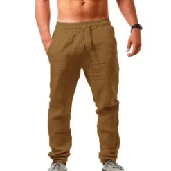 Men's Linen Pants Trousers Summer Pants Beach Pants Drawstring Plain Comfort Breathable Full Length Yoga Casual Weekend Streetwear Slim Black White Micro-elastic