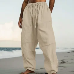 Men's Linen Pants Trousers Summer Pants Beach Pants Drawstring Elastic Waist Pleats Plain Comfort Breathable Casual Daily Holiday Fashion Classic Style Black White