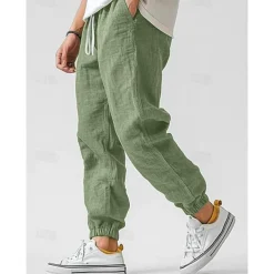 Men's Linen Pants Trousers Summer Pants Elastic Waist Straight Leg High Rise Solid Color Comfort Breathable Full Length Wedding Holiday Vacation Fashion Gray Green Black High Waist Inelastic