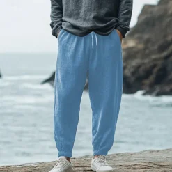 Men's Linen Pants Trousers Summer Pants Elastic Waist Straight Leg High Rise Solid Color Comfort Breathable Full Length Wedding Holiday Vacation Fashion Black White High Waist Inelastic