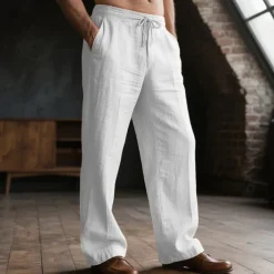 Men's Linen Pants Trousers Drawstring Pocket Elastic Waist Plain Comfort Breathable Daily Basic Black White