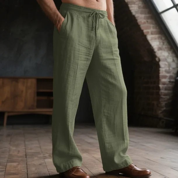 Men's Linen Pants Trousers Drawstring Pocket Elastic Waist Plain Comfort Breathable Daily Basic Black White