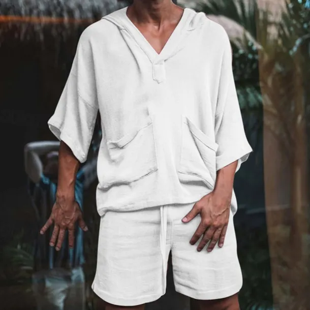 Men's Linen Set T-shirt Suits 2 Pieces Outfits Short Sleeve Hooded Summer Plain Fashion Casual 2 Piece Front Pocket Vacation Daily Wear Going out Light Pink Black White Top Tee for Men
