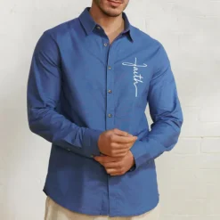 Men's Linen Shirt 55% Linen Print Shirt White Blue Long Sleeve Faith Lapel Spring & Fall Outdoor Daily Clothing Apparel