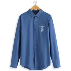 Men's Linen Shirt 55% Linen Print Shirt White Blue Long Sleeve Faith Lapel Spring & Fall Outdoor Daily Clothing Apparel