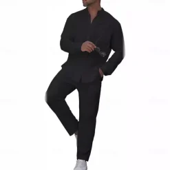 Men's Linen Shirt 2 Piece Shirt Set Summer Shirt Matching Sets Beach Shirt Plain Vacation Casual Black White Blue Khaki Long Sleeve Band Collar Spring & Summer Clothing Apparel
