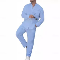 Men's Linen Shirt 2 Piece Shirt Set Summer Shirt Matching Sets Beach Shirt Plain Vacation Casual Black White Blue Khaki Long Sleeve Band Collar Spring & Summer Clothing Apparel