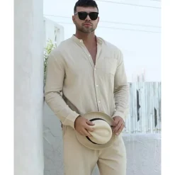 Men's Linen Shirt 2 Piece Shirt Set Summer Shirt Matching Sets Beach Shirt Plain Vacation Casual Black White Blue Khaki Long Sleeve Band Collar Spring & Summer Clothing Apparel
