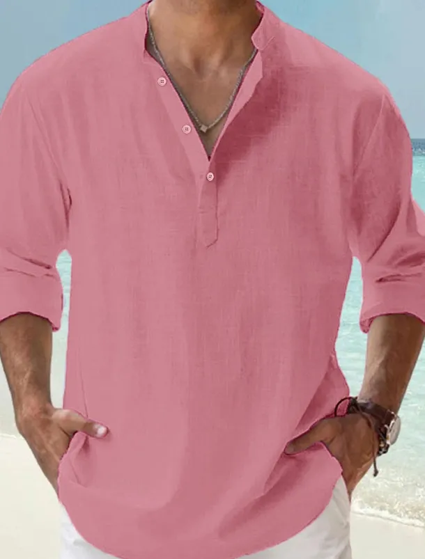 Men's Linen Shirt Band Collar Shirt Popover Shirt Casual Shirt Beach Shirt Plain Hawaiian Holiday Black White Pink Blue Long Sleeve Henley Spring & Summer Clothing Apparel