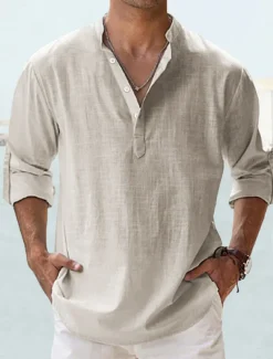 Men's Linen Shirt Band Collar Shirt Popover Shirt Casual Shirt Beach Shirt Plain Hawaiian Holiday Black White Pink Blue Long Sleeve Henley Spring & Summer Clothing Apparel