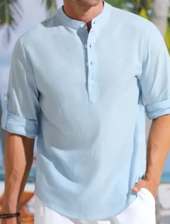 Men's Linen Shirt Band Collar Shirt Popover Shirt Casual Shirt Beach Shirt Plain Hawaiian Holiday Black White Pink Blue Long Sleeve Henley Spring & Summer Clothing Apparel