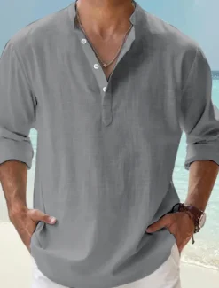 Men's Linen Shirt Band Collar Shirt Popover Shirt Casual Shirt Beach Shirt Plain Hawaiian Holiday Black White Pink Blue Long Sleeve Henley Spring & Summer Clothing Apparel