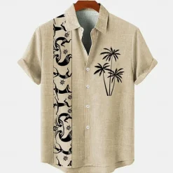 Men's Linen Shirt Beach Shirt Summer Hawaiian Shirt Coconut Tree Outdoor Vacation Blue Brown Green Short Sleeve Stand Collar Summer Spring Clothing Apparel Print