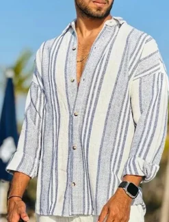 Men's Linen Shirt Button Up Shirt Casual Shirt Summer Shirt Beach Shirt Pink Blue Dark Green Long Sleeve Striped Turndown Spring & Summer Outdoor Holiday Clothing Apparel Print
