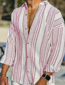Men's Linen Shirt Button Up Shirt Casual Shirt Summer Shirt Beach Shirt Pink Blue Dark Green Long Sleeve Striped Turndown Spring & Summer Outdoor Holiday Clothing Apparel Print