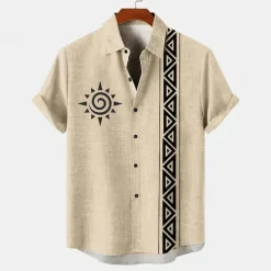 Men's Linen Shirt Button Up Shirt Retro Shirts Vintage Shirt Ethnic Shirt Vacation Daily Wear Yellow Green khaki Beige Short Sleeve Collared Shirts Summer Spring Clothing Apparel