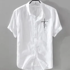 Men's Linen Shirt Casual Shirt Cotton Linen Shirt Button Up Shirt Pattern Vacation Street Black White Pink Dark Navy Short Sleeve Lapel Summer Clothing Apparel Button-Down