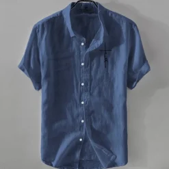 Men's Linen Shirt Casual Shirt Cotton Linen Shirt Button Up Shirt Pattern Vacation Street Black White Pink Dark Navy Short Sleeve Lapel Summer Clothing Apparel Button-Down