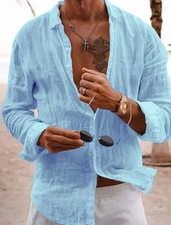 Men's Linen Shirt Casual Shirt Beach Shirt Button Up Shirt Untucked Shirts Plain Vacation Curise Black White Pink Navy Blue Long Sleeve Lapel Spring & Summer Clothing Apparel Basic