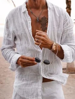 Men's Linen Shirt Casual Shirt Beach Shirt Button Up Shirt Untucked Shirts Plain Vacation Curise Black White Pink Navy Blue Long Sleeve Lapel Spring & Summer Clothing Apparel Basic