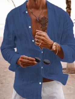 Men's Linen Shirt Casual Shirt Beach Shirt Button Up Shirt Untucked Shirts Plain Vacation Curise Black White Pink Navy Blue Long Sleeve Lapel Spring & Summer Clothing Apparel Basic