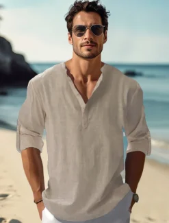 Men's Linen Shirt Casual Shirt Beach Shirt Henley Shirt Plain Hawaiian Holiday Black White Pink Wine Long Sleeve Henley Spring & Summer Clothing Apparel