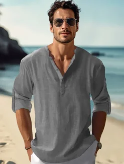 Men's Linen Shirt Casual Shirt Beach Shirt Henley Shirt Plain Hawaiian Holiday Black White Pink Wine Long Sleeve Henley Spring & Summer Clothing Apparel