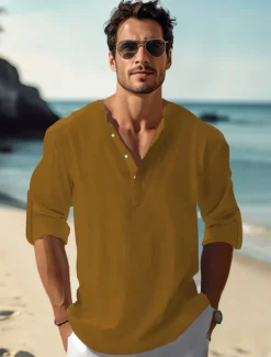 Men's Linen Shirt Casual Shirt Beach Shirt Henley Shirt Plain Hawaiian Holiday Black White Pink Wine Long Sleeve Henley Spring & Summer Clothing Apparel