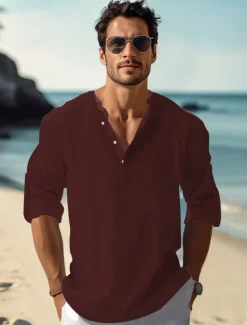 Men's Linen Shirt Casual Shirt Beach Shirt Henley Shirt Plain Hawaiian Holiday Black White Pink Wine Long Sleeve Henley Spring & Summer Clothing Apparel