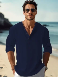 Men's Linen Shirt Casual Shirt Beach Shirt Henley Shirt Plain Hawaiian Holiday Black White Pink Wine Long Sleeve Henley Spring & Summer Clothing Apparel