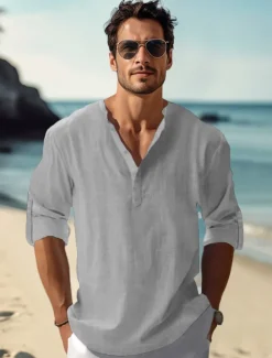 Men's Linen Shirt Casual Shirt Beach Shirt Henley Shirt Plain Hawaiian Holiday Black White Pink Wine Long Sleeve Henley Spring & Summer Clothing Apparel