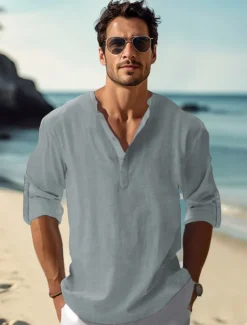 Men's Linen Shirt Casual Shirt Beach Shirt Henley Shirt Plain Hawaiian Holiday Black White Pink Wine Long Sleeve Henley Spring & Summer Clothing Apparel