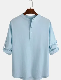 Men's Linen Shirt Casual Shirt Beach Shirt Henley Shirt Plain Hawaiian Holiday Black White Pink Wine Long Sleeve Henley Spring & Summer Clothing Apparel