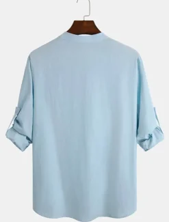 Men's Linen Shirt Casual Shirt Beach Shirt Henley Shirt Plain Hawaiian Holiday Black White Pink Wine Long Sleeve Henley Spring & Summer Clothing Apparel