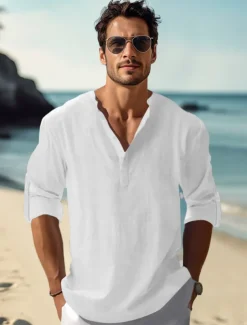Men's Linen Shirt Casual Shirt Beach Shirt Henley Shirt Plain Hawaiian Holiday Black White Pink Wine Long Sleeve Henley Spring & Summer Clothing Apparel