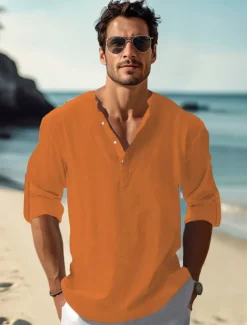 Men's Linen Shirt Casual Shirt Beach Shirt Henley Shirt Plain Hawaiian Holiday Black White Pink Wine Long Sleeve Henley Spring & Summer Clothing Apparel