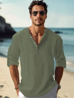 Men's Linen Shirt Casual Shirt Beach Shirt Henley Shirt Plain Hawaiian Holiday Black White Pink Wine Long Sleeve Henley Spring & Summer Clothing Apparel