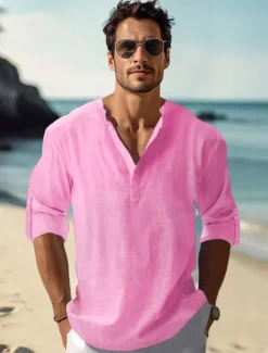 Men's Linen Shirt Casual Shirt Beach Shirt Henley Shirt Plain Hawaiian Holiday Black White Pink Wine Long Sleeve Henley Spring & Summer Clothing Apparel