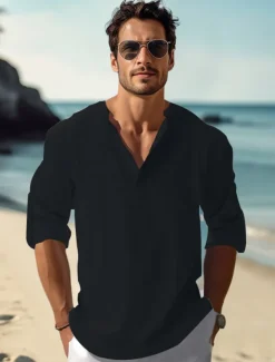 Men's Linen Shirt Casual Shirt Beach Shirt Henley Shirt Plain Hawaiian Holiday Black White Pink Wine Long Sleeve Henley Spring & Summer Clothing Apparel