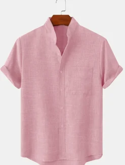 Men's Linen Shirt Casual Shirt Henley Shirt Plain Hawaiian Holiday Black White Yellow Pink Short Sleeve Henley Spring & Summer Clothing Apparel Front Pocket