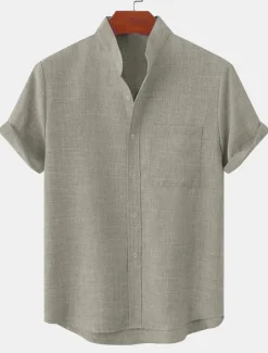 Men's Linen Shirt Casual Shirt Henley Shirt Plain Hawaiian Holiday Black White Yellow Pink Short Sleeve Henley Spring & Summer Clothing Apparel Front Pocket