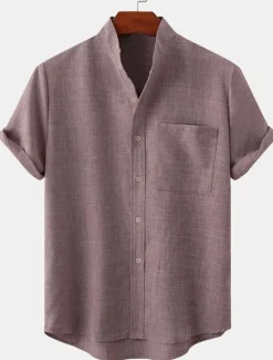 Men's Linen Shirt Casual Shirt Henley Shirt Plain Hawaiian Holiday Black White Yellow Pink Short Sleeve Henley Spring & Summer Clothing Apparel Front Pocket