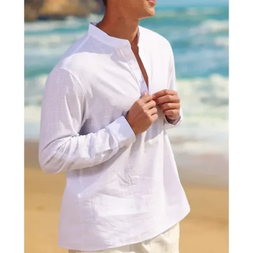 Men's Linen Shirt Chinese Collar Shirt Mandarin Collar Shirt Summer Shirt Beach Shirt Plain Vacation Hawaiian White Pink Blue Green Long Sleeve Stand Collar Spring & Summer Clothing Apparel Basic