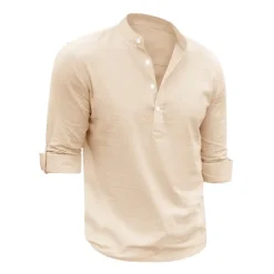Men's Linen Shirt Chinese Collar Shirt Mandarin Collar Shirt Summer Shirt Beach Shirt Plain Vacation Hawaiian White Pink Blue Green Long Sleeve Stand Collar Spring & Summer Clothing Apparel Basic