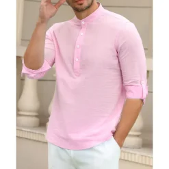 Men's Linen Shirt Chinese Collar Shirt Mandarin Collar Shirt Summer Shirt Beach Shirt Plain Vacation Hawaiian White Pink Blue Green Long Sleeve Stand Collar Spring & Summer Clothing Apparel Basic
