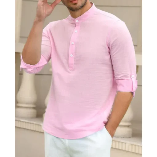 Men's Linen Shirt Chinese Collar Shirt Mandarin Collar Shirt Summer Shirt Beach Shirt Plain Vacation Hawaiian White Pink Blue Green Long Sleeve Stand Collar Spring & Summer Clothing Apparel Basic