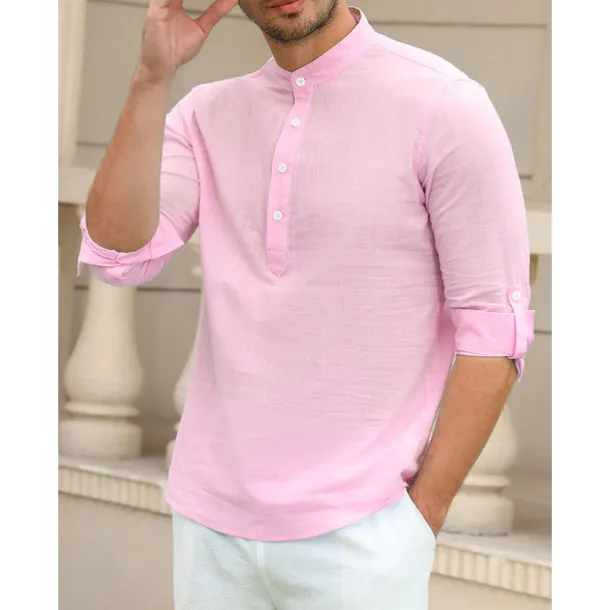 Men's Linen Shirt Chinese Collar Shirt Mandarin Collar Shirt Summer Shirt Beach Shirt Plain Vacation Hawaiian White Pink Blue Green Long Sleeve Stand Collar Spring & Summer Clothing Apparel Basic